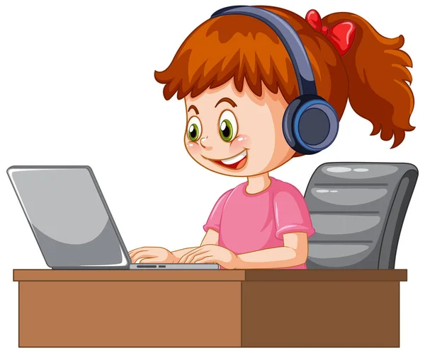 Girl Using Laptop Cartoon Illustration — Stockvektor