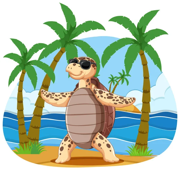 Lindo Personaje Dibujos Animados Tortuga Ilustración Playa — Vector de stock