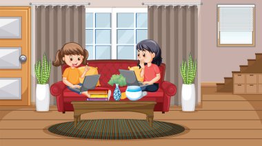 At home scene with children using their laptops illustration