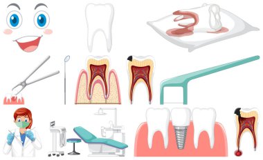 Set of dental equipments and cartoon characters illustration