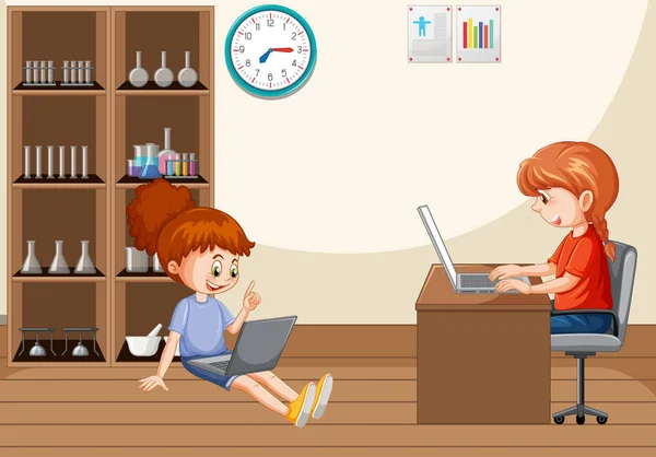 Home Scene Children Using Laptops Illustration — Stok Vektör