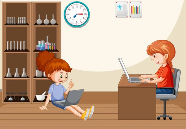 Home Scene Children Using Laptops Illustration — Stock Vector