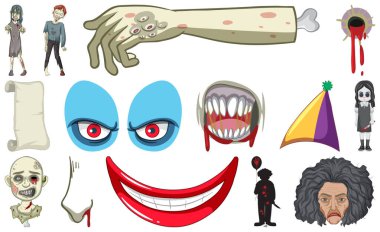 Set of horror halloween objects and cartoon characters illustration
