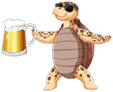Cute turtle cartoon character drinking beer illustration