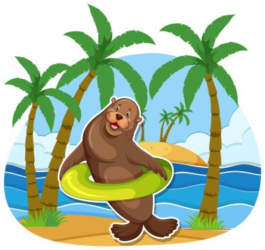 Sea lion cartoon character at the beach illustration