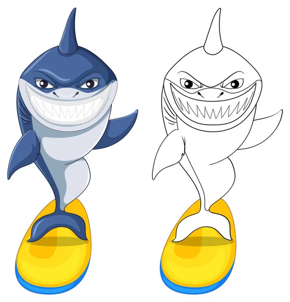 Shark Cartoon Character Its Doodle Outline Surfing Illustration — Stok Vektör