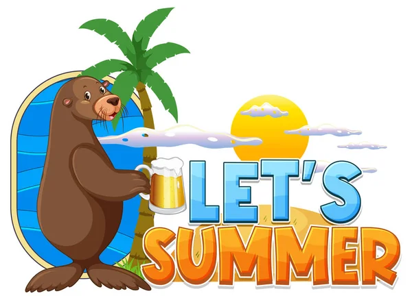 Sea Lion Carton Character Lets Summer Word Illustration — Vettoriale Stock