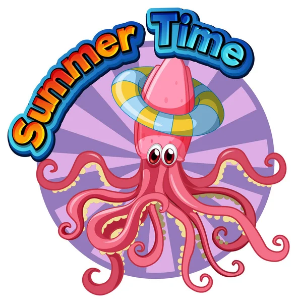 Summer Time Word Squid Cartoon Illustration — ストックベクタ