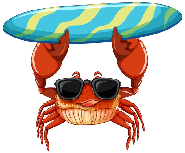 Cute Crab Cartoon Character Holding Surfboard Illustration — Stock Vector
