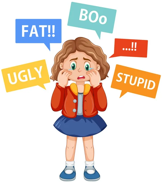 Sad Girl Surrounded Bullying Words Illustration — Stockvector