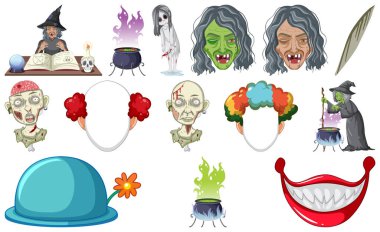 Set of horror halloween objects and cartoon characters illustration