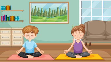 Evde yoga yapan çift.