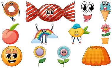 Set of objects and foods cartoon characters illustration