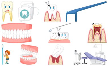 Set of dental equipments and cartoon characters illustration