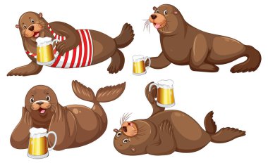 Set of different sea lions cartoon characters illustration