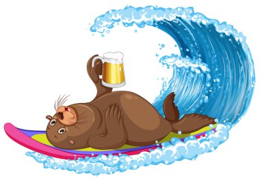 Sörf tahtasında su dalgası çizimi olan deniz aslanı.