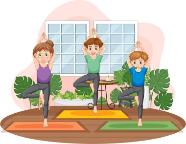 Yoga illüstrasyonu yapan bir grup insan.