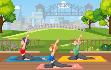 Park illüstrasyonunda yoga yapanlar