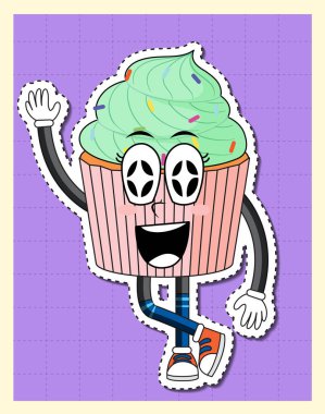 Izgara arkaplan illüstrasyonunda şirin kek çizgi film karakteri