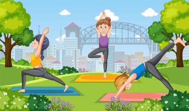 Park illüstrasyonunda yoga yapanlar