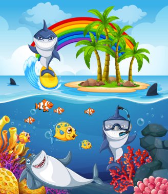 Funny shark with sea animals in the ocean illustration
