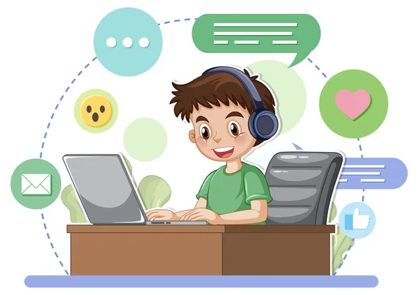 Boy Browsing Internet Laptop Illustration — Stok Vektör
