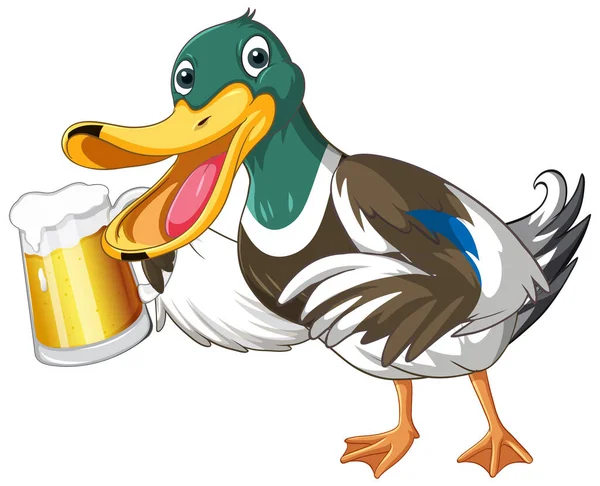 Cute Duck Cartoon Character Holding Mug Beer Illustration — Stok Vektör