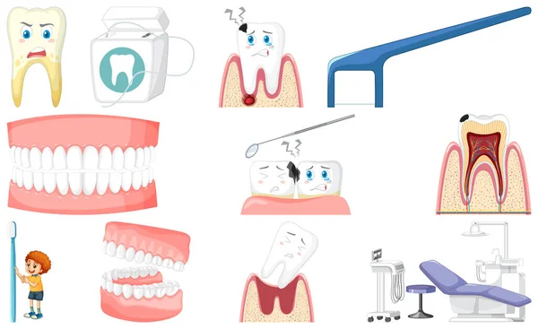 Set Dental Equipments Cartoon Characters Illustration — 图库矢量图片