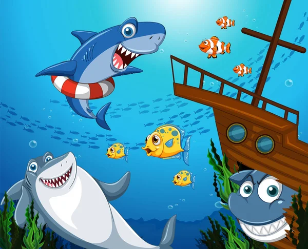 Shark Cartoon Character Underwater Scene Illustration — Stok Vektör