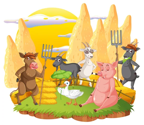 Happy Animals Farm Cartoon Illustration — Vettoriale Stock