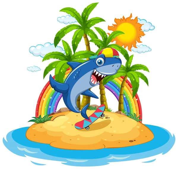Skateboard Requin Sur Île Illustration — Image vectorielle