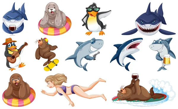 Set Various Sea Animals Cartoon Characters Illustration — Vector de stock