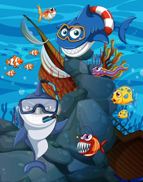 Shark Cartoon Character Underwater Scene Illustration — Wektor stockowy