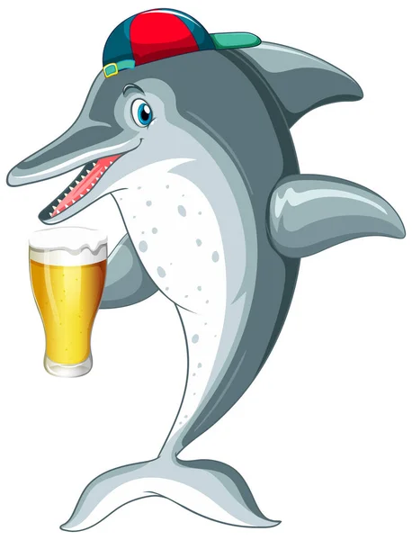 Delphin Zeichentrickfigur Trinkt Bier Illustration — Stockvektor