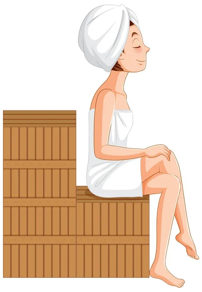 一个女人坐在桑拿插图的木制长椅上 — 图库矢量图片