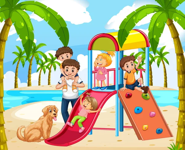 幸せな子供たちのイラストとビーチ遊び場 — ストックベクタ