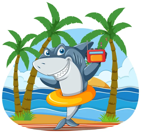 Shark Cartoon Character Relaxing Beach Illustration — Stok Vektör