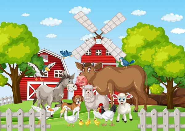 Cena Fazenda Com Muitos Animais Ilustração —  Vetores de Stock