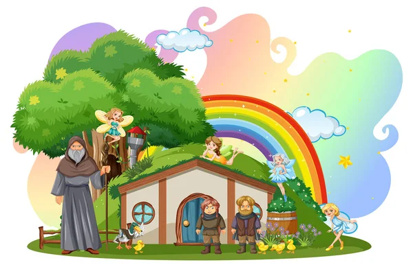Wizard Hobbit Fairies Magic House Isolated Illustration — Stock Vector