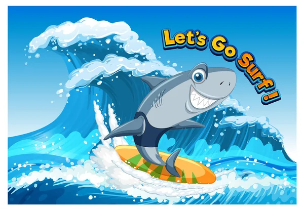 Cute shark cartoon character surfing in ocean illustration