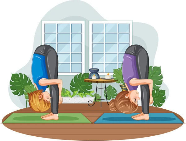 Couple Pratiquant Yoga Maison Illustration — Image vectorielle