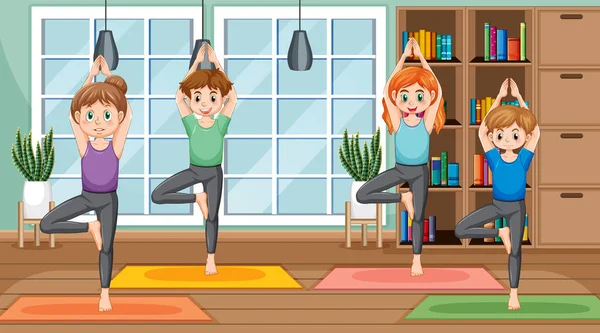 Människor Som Tränar Yoga Motion Och Meditation Illustration — Stock vektor