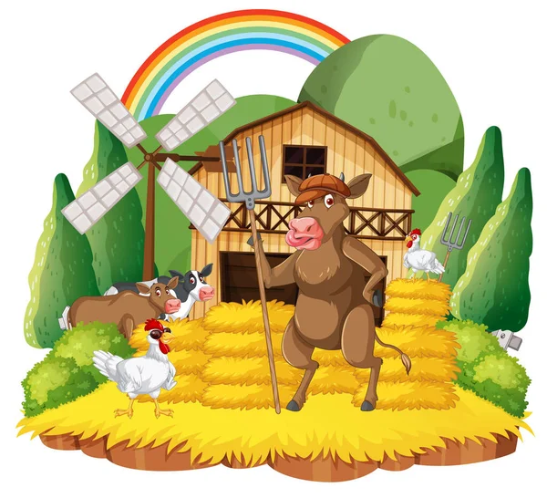 Venkovní Kráva Farma Scéna Šťastnými Zvířaty Ilustrace — Stockový vektor