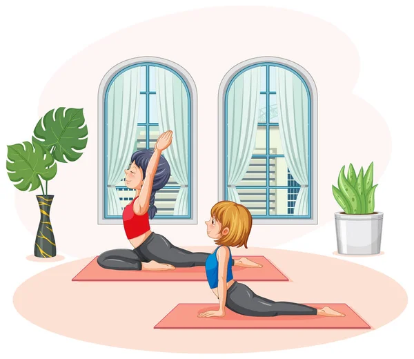 Frauen Praktizieren Yoga Hause Illustration — Stockvektor