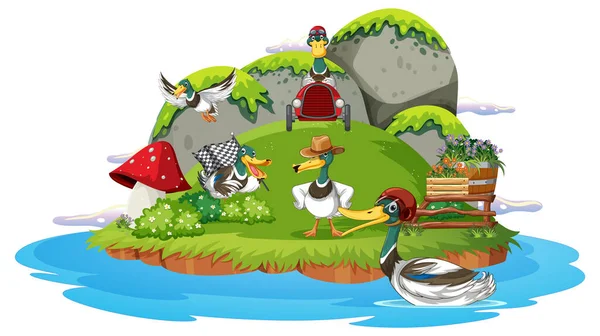 Happy Duck Group Nature Scene Illustration — Archivo Imágenes Vectoriales