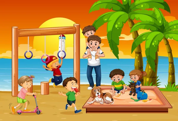 Parque Infantil Playa Con Ilustración Niños Felices — Archivo Imágenes Vectoriales