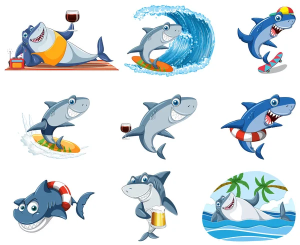 Different Sharks Summer Beach Illustration — ストックベクタ