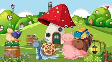 Köy illüstrasyonunda salyangoz