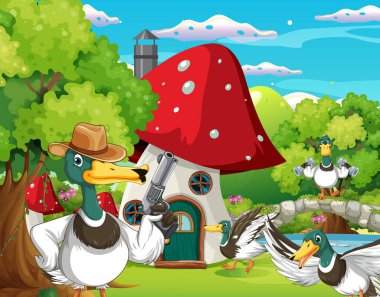Outdoor scene with cartoon ducks illustration