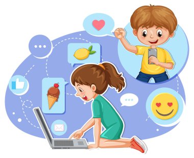 A girl browsing social media on laptop illustration